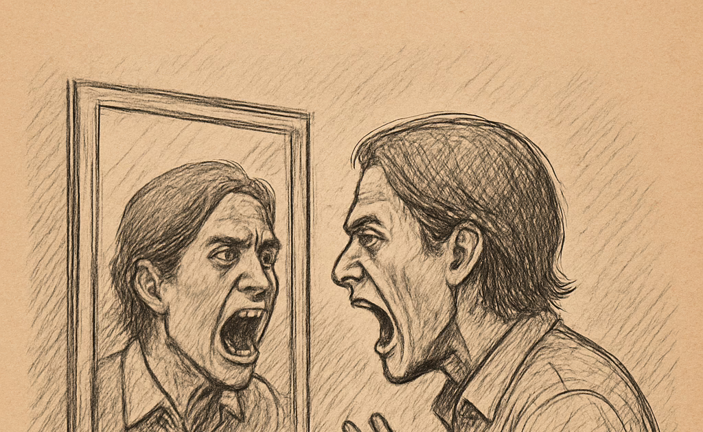 A person screaming at the mirror with the text "Out of Control" underneath