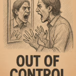 A person screaming at the mirror with the text "Out of Control" underneath