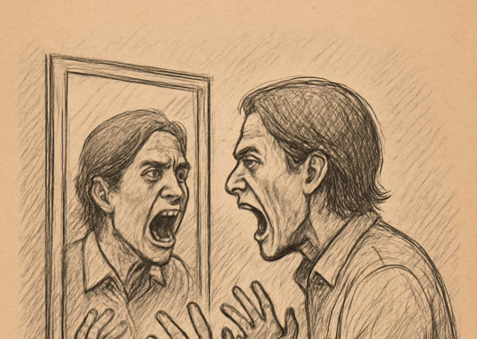 A person screaming at the mirror with the text "Out of Control" underneath