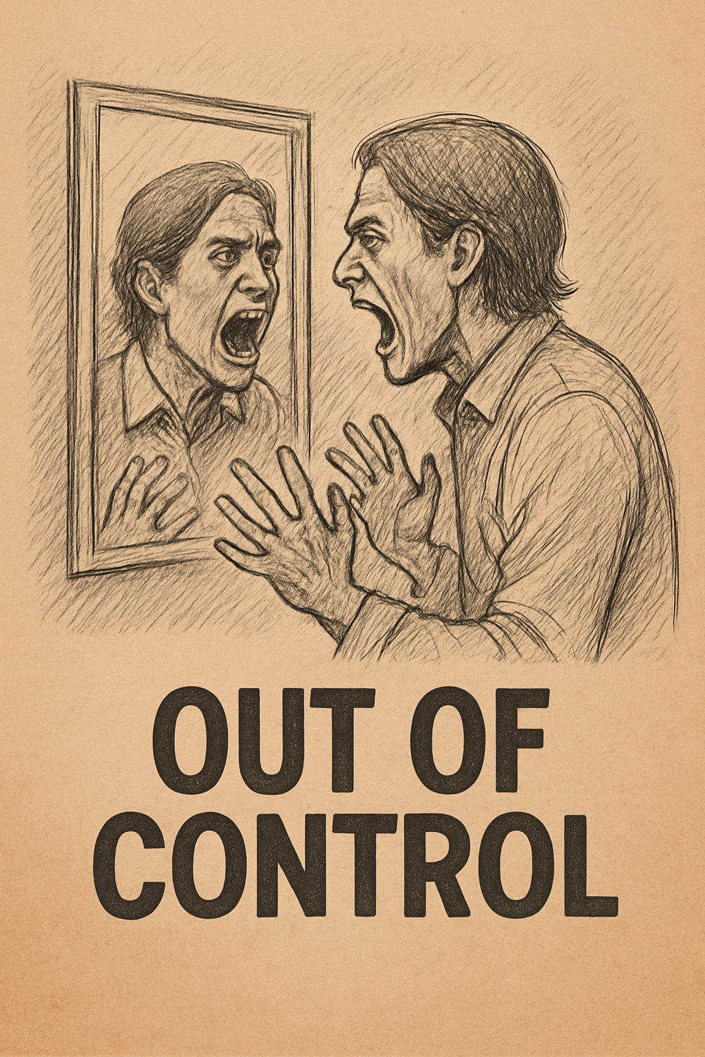 A person screaming at the mirror with the text "Out of Control" underneath