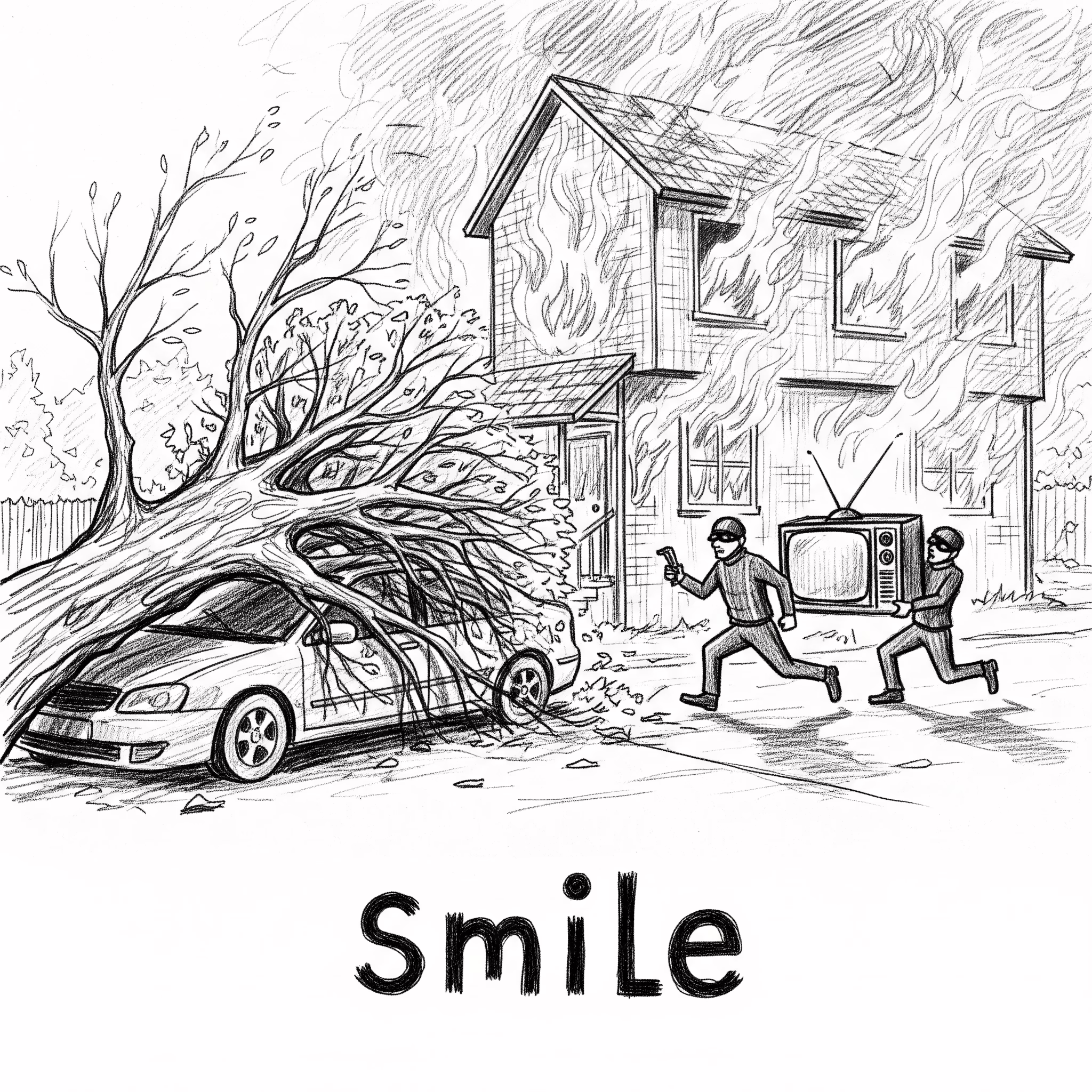 A tree fell on your car, thieves stole your tv and worst of all your house is burning to the ground but smile anyway